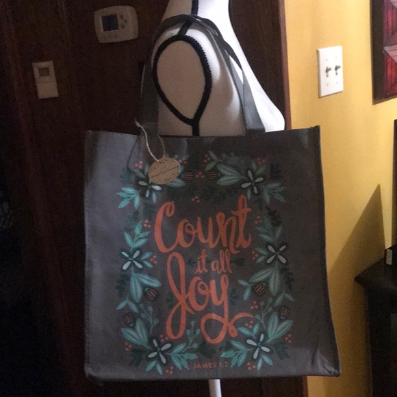 Faithworks- Count it all Joy” flower print gray orange& blue shopping bag OS NWT - Picture 1 of 6